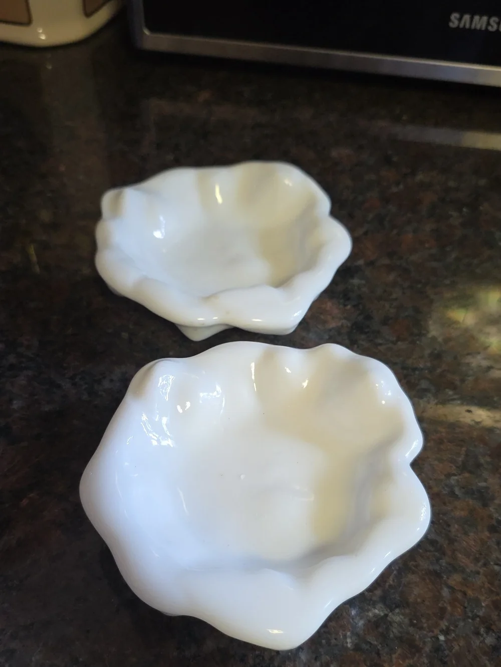 Milk Glass Ruffled Ceramic Butter Or Trincet Dishes - Set of 2